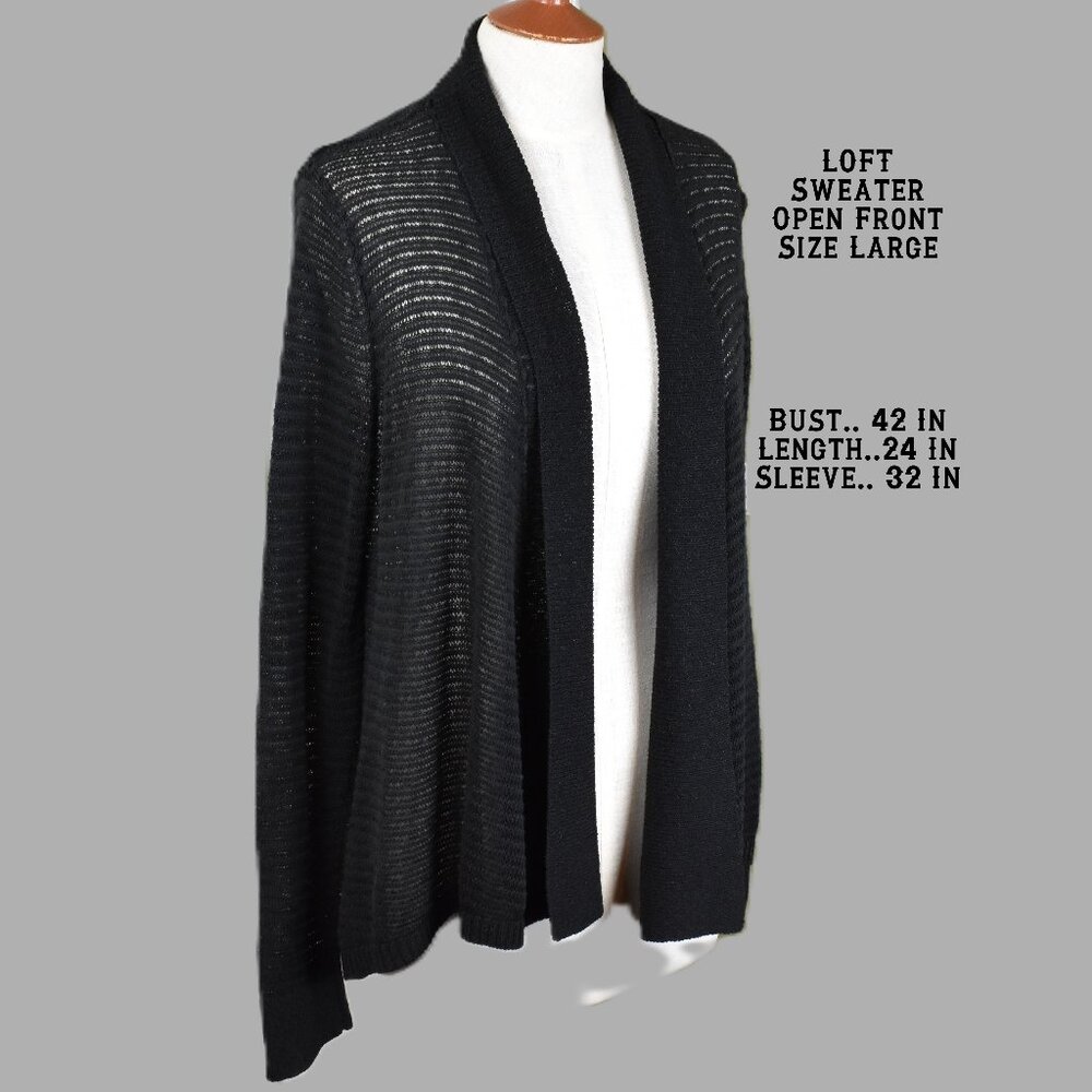 LOFT Sweater L Black Long Sleeve Open Front Open Mesh Hand Wash Bin 10